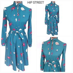 RAOUL PETITE Dress Vintage Pleat Front Floral Grannycore LS Poly Silk 6P